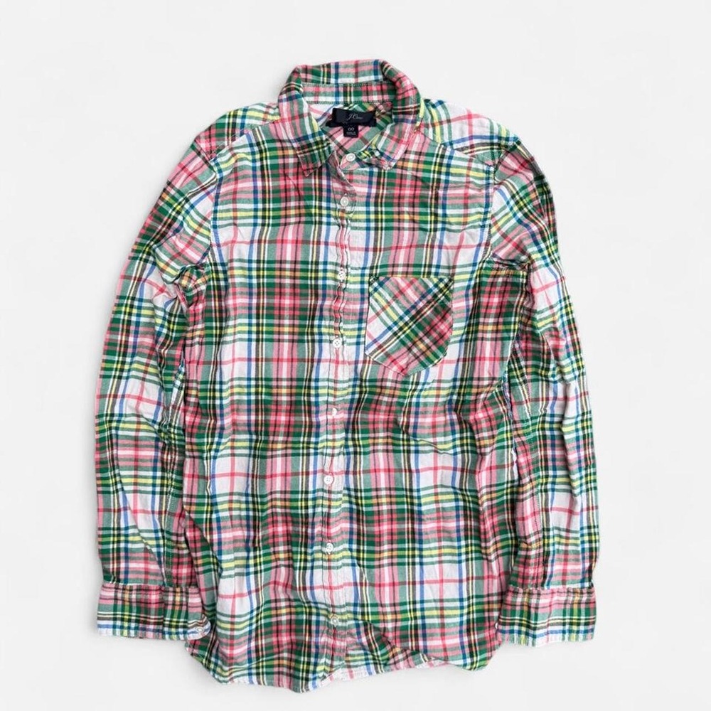 J.Crew Classic Pink Green Plaid Button Up Shirt Women Size 00 Preppy 90s Style